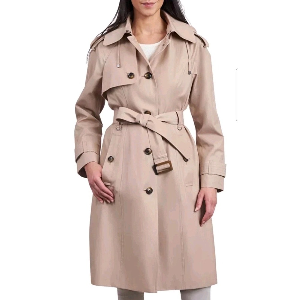 London Fog Women's Stone Color Belted Hooded Water-Resistant Trench Coat PXL‎